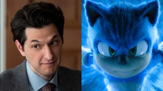 Ben Schwartz looking half serious with his head tilted to the side in Space Force S2 E1, pictured next to Sonic speeding towards the camera in Sonic the Hedgehog 3.