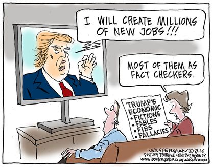 Political cartoon U.S. Donald Trump millions of new jobs fact checking lies