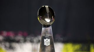 A detailed view of the Vince Lombardi Trophy during Super Bowl LX Opening Night at San Jose McEnery Convention Center