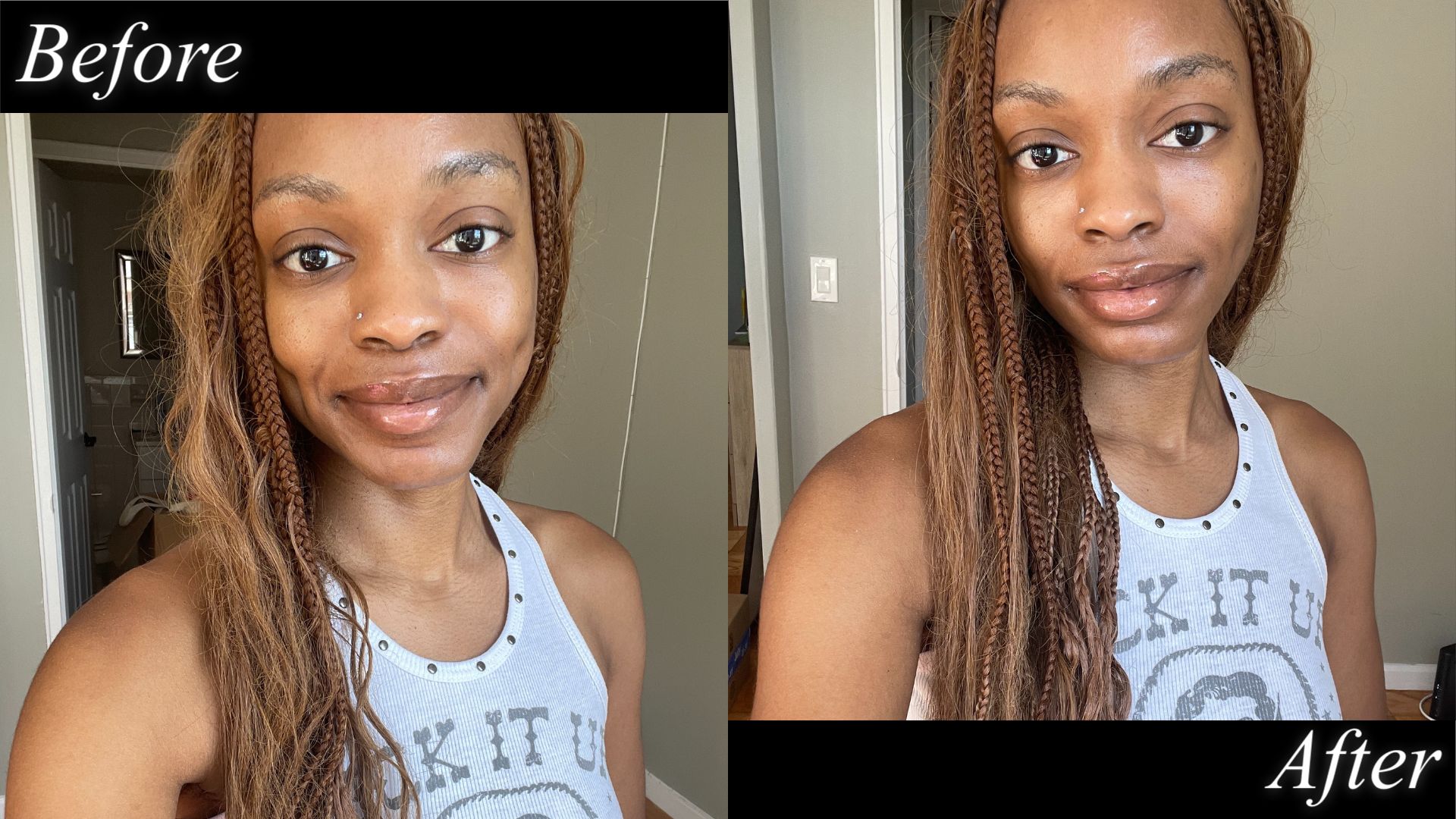 a before and after pic while testing the olaplex no. 6 hair cream