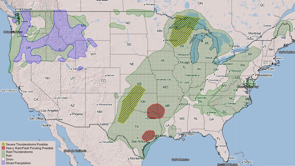 A weather forecast for the United States predicts lots of rain and clouds across the nation.