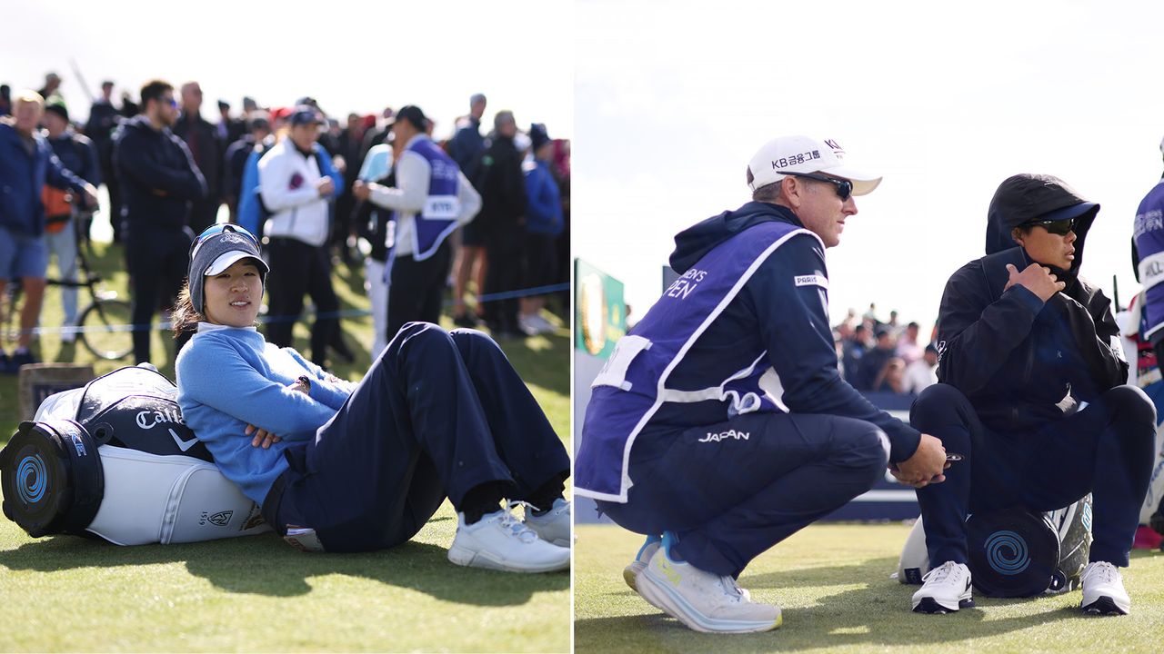 Andrea Lee sits on her golf bag, Yuka Saso waits with her caddie