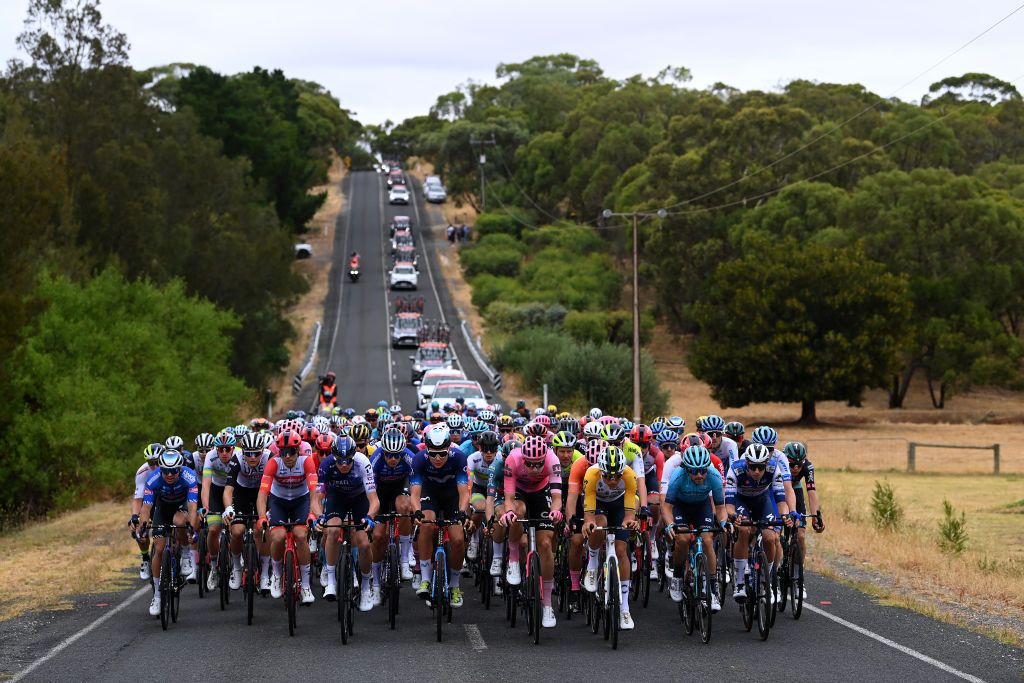 TANUDAZ AUSTRALIA JANUARY 18 LR Tony Gallopin of France and Team Trek Segafredo Chris Froome of The United Kingdom and Team Israel Premier Tech Johan Jacobs of Switzerland and Movistar Team Lukasz Wisniowski of Poland and Tam EF Education Easypost Luke Plapp of Australia and Team INEOS Grenadiers Manuele Boaro of Italy and Astana Qazaqstan Team Jannik Steimle of Germany and Team Soudal QuickStep and the peloton competing during the 23rd Santos Tour Down Under 2023 Stage 1 a 1499km stage from Tanunda to Tanunda on January 18 2023 in Tanunda Australia Photo by Tim de WaeleGetty Images