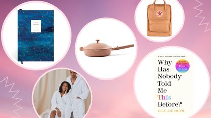 a collage image featuring gifts for Virgos on a pink background, including a Papier notebook, Our Place Always Pan, White Company robe, a book, and a Fjallraven Kanken Backpack