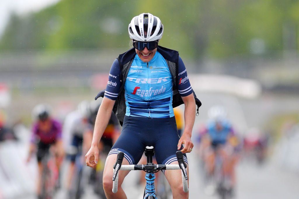 SCHLEIZ GERMANY MAY 27 Lucinda Brand of Netherlands and Trek Segafredo celebrates at arrival during the 34th Internationale LOTTO Thringen Ladies Tour 2021 Stage 3 a 1165km stage from Schleiz to Schleiz ltlt2021 lottothueringenladiestour womencycling on May 27 2021 in Schleiz Germany Photo by Luc ClaessenGetty Images