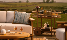 outdoor bar cart at an outdoor sitting area in the sunshine with drinks and portable lamps