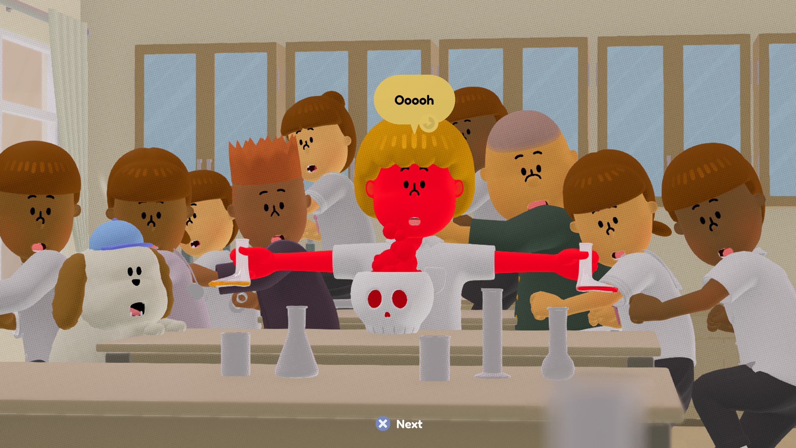 A screenshot of To a T showing a T-posing character who has been turned red by smoke coming out of a skull in a science class, with their classmates huddling behind them