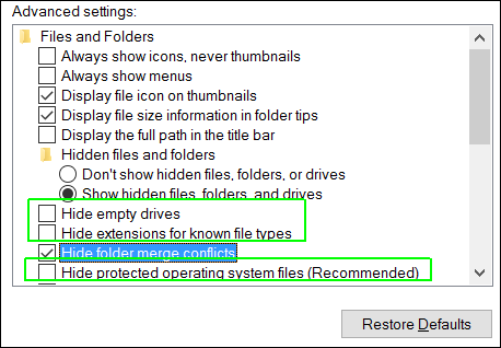 Uncheck hide extensions, empty drives and OS files