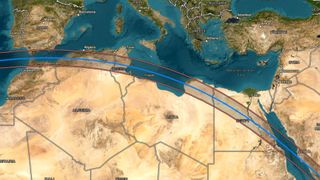 A map showing the path of the total solar eclipse over North Africa.