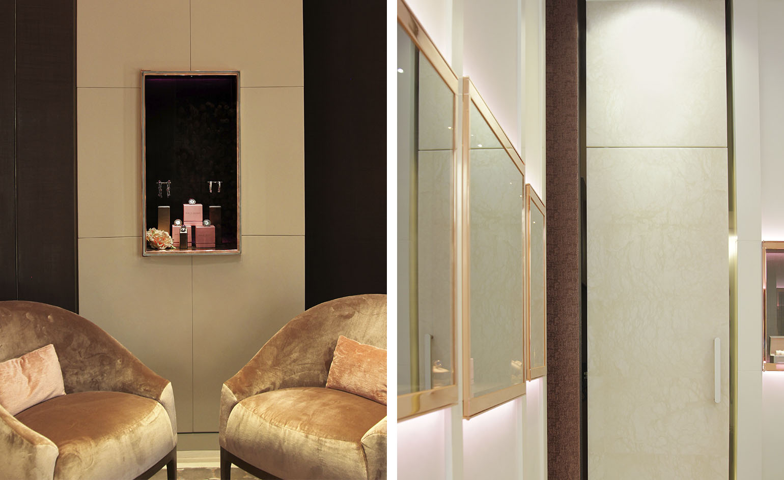 Left: a seating area. Right: a wall with framed mirrors