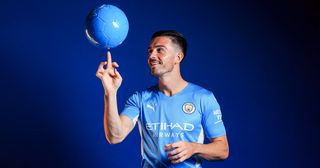 Manchester City unveil new signing Jack Grealish at Manchester City Football Academy on August 05, 2021 in Manchester, England.