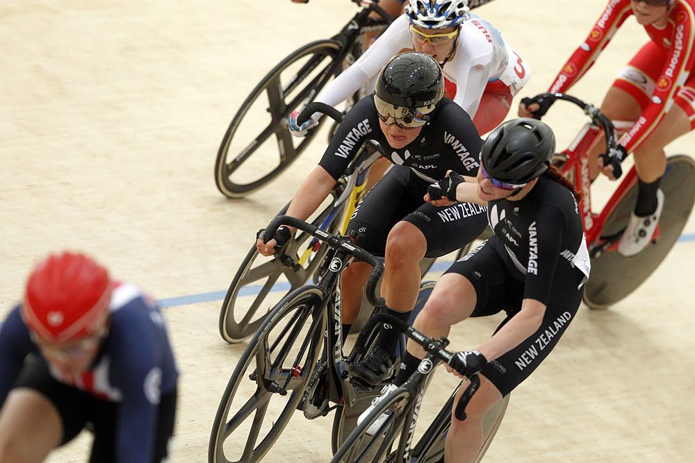 Cyclists compete in the women's Madison final race, during the Tissot UCI Track Cycling World Cup