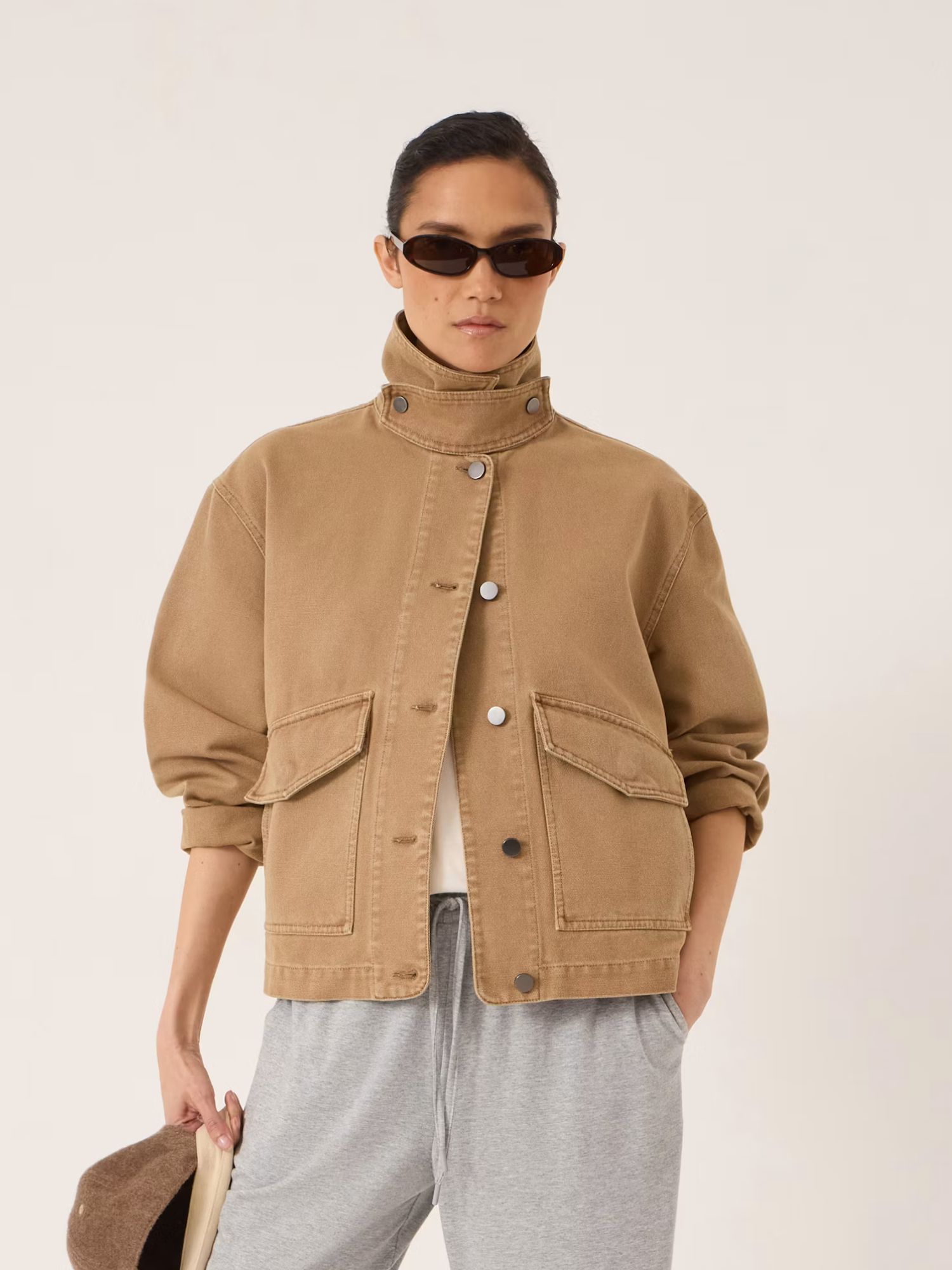 Elara Washed Cotton Funnel Neck Utility Jacket in Stone on model