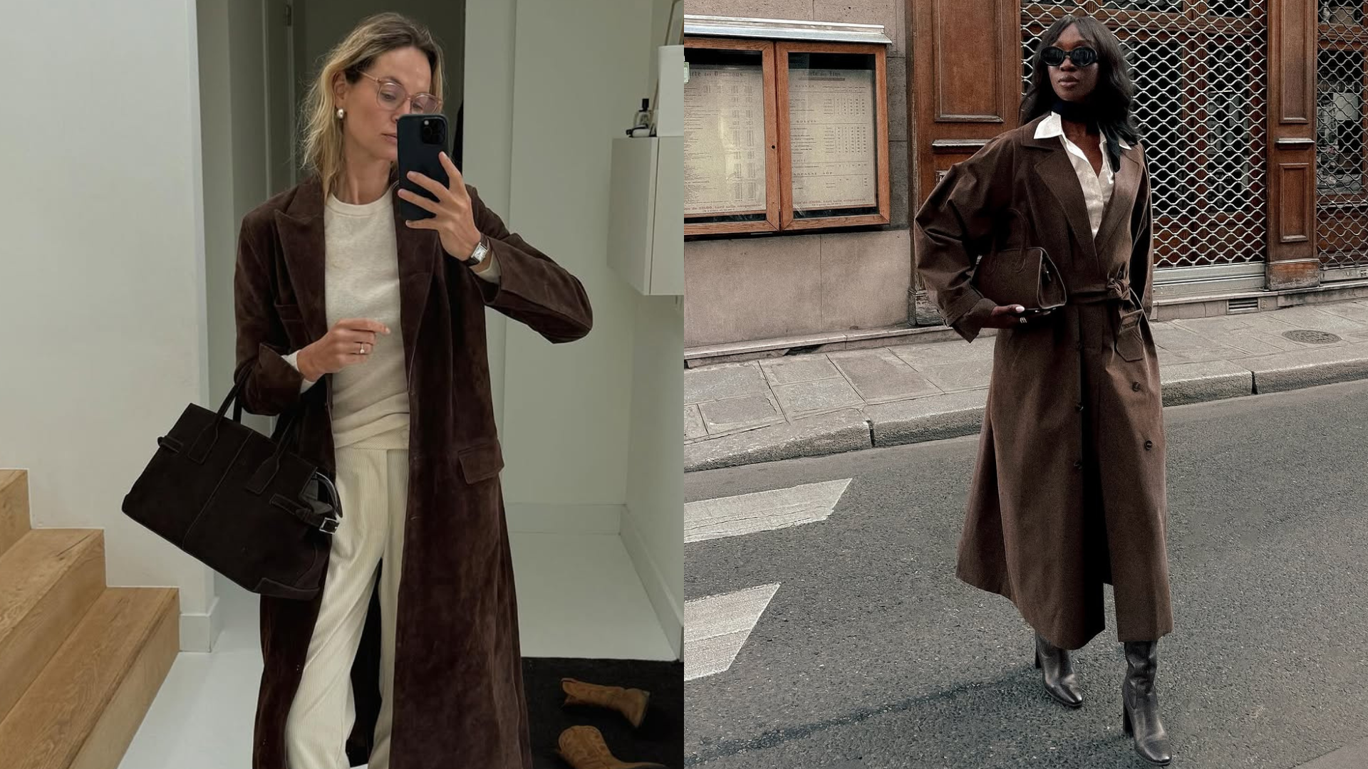 woman wearing brown suede coat trend