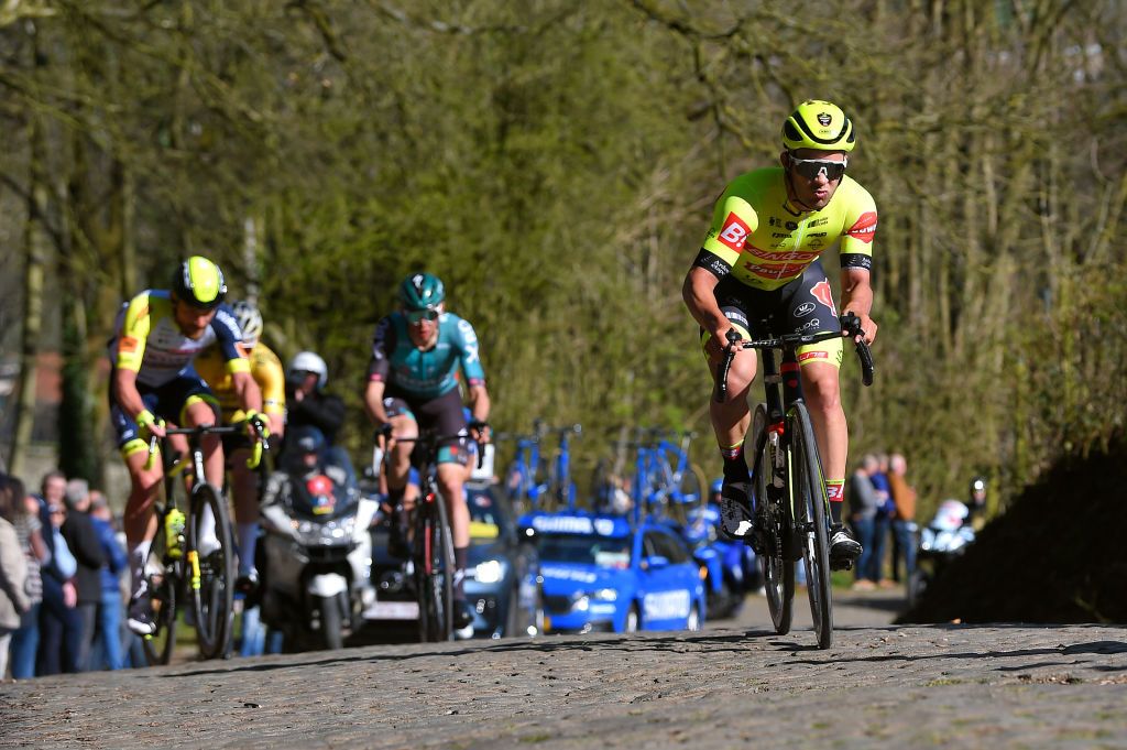 KOKSIJDE BELGIUM MARCH 18 Karl Patrick Lauk of Estonia and Team Bingoal Pauwels Sauces Wb competes through cobblestones sector during the 20th Bredene Koksijde Classic 2022 a 2009km one day race from Bredene to Koksijde bredenekoksijde on March 18 2022 in Koksijde Belgium Photo by Luc ClaessenGetty Images