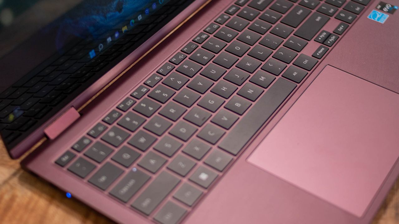 A photograph of the Samsung Galaxy Book2 Pro 360's keyboard on a table