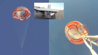 A still from a video shows two angles of NASA parachute test. A supersonic parachute was tested by NASA’s Low-Density Supersonic Decelerator (LDSD) project. A rocket-fired sled and pulley system pulled a one kilometer rope with parachute attached. The right image shows the helicopter which carried the parachute aloft. The inset at top shows the winch which redirects the parachute cable to the rocket sled that increases the downward force on the parachute.