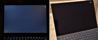 Surface Laptop: What a low-light, slow exposure DSLR shows (left) vs. what you really see (right).