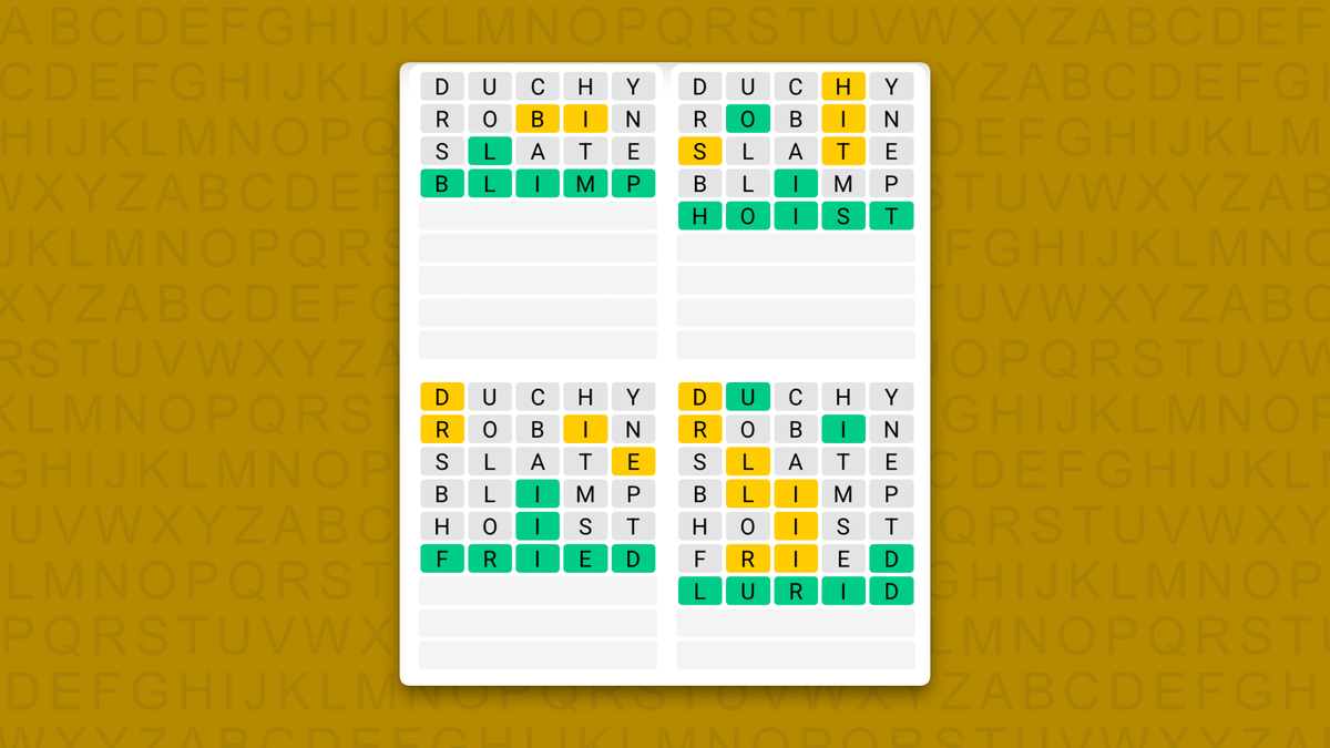 Quordle answers for game 1733 on a yellow background
