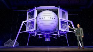 Jeff Bezos reveals the Blue Moon lunar lander for the first time on May 9, 2019. 