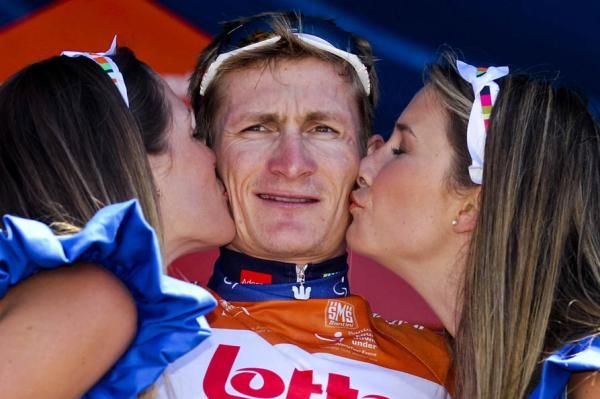 Andre Greipel from Germany receives a kiss on the podium after winning stage 3 of the 2012 Tour Down Under