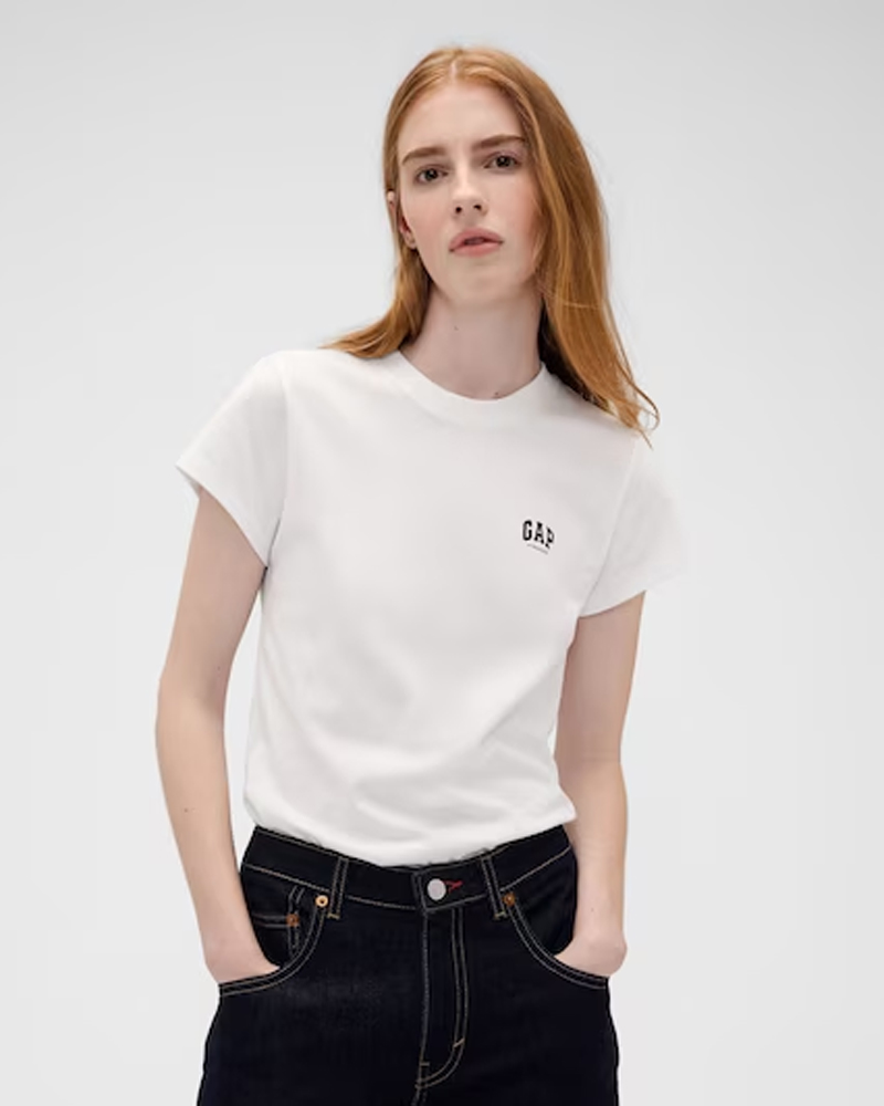 Model wearing white tshirt from Gap x Victoria Beckham