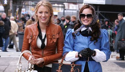 Actresses Blake Lively and Leighton Meester on location for "Gossip Girl" on March 14, 2008 in New York City.