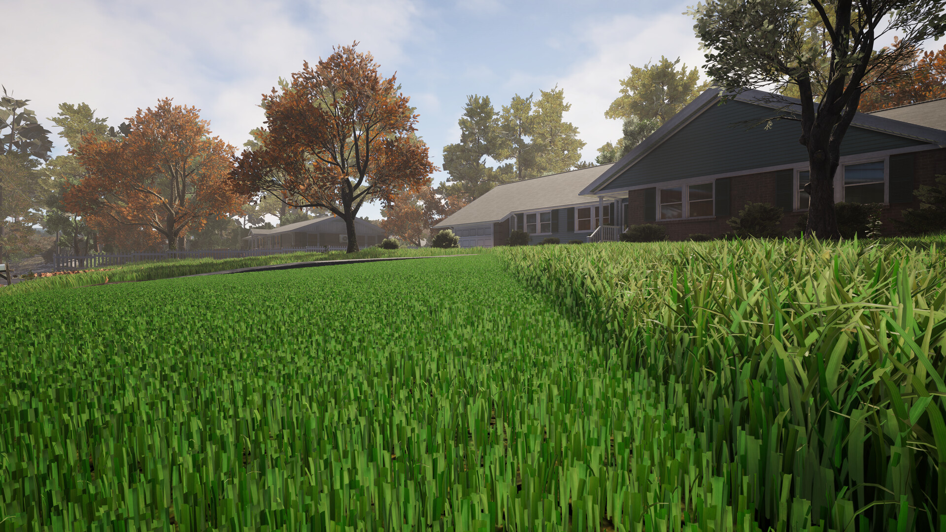 A shot of a partially cut lawn in Lawn Mowing Simulator 2, showing a clear division between the neatly trimmed blades and the still wild lawn in an American suburban front yard.
