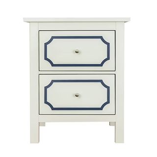 A two drawer nightstand with blue overlay trim on the drawers