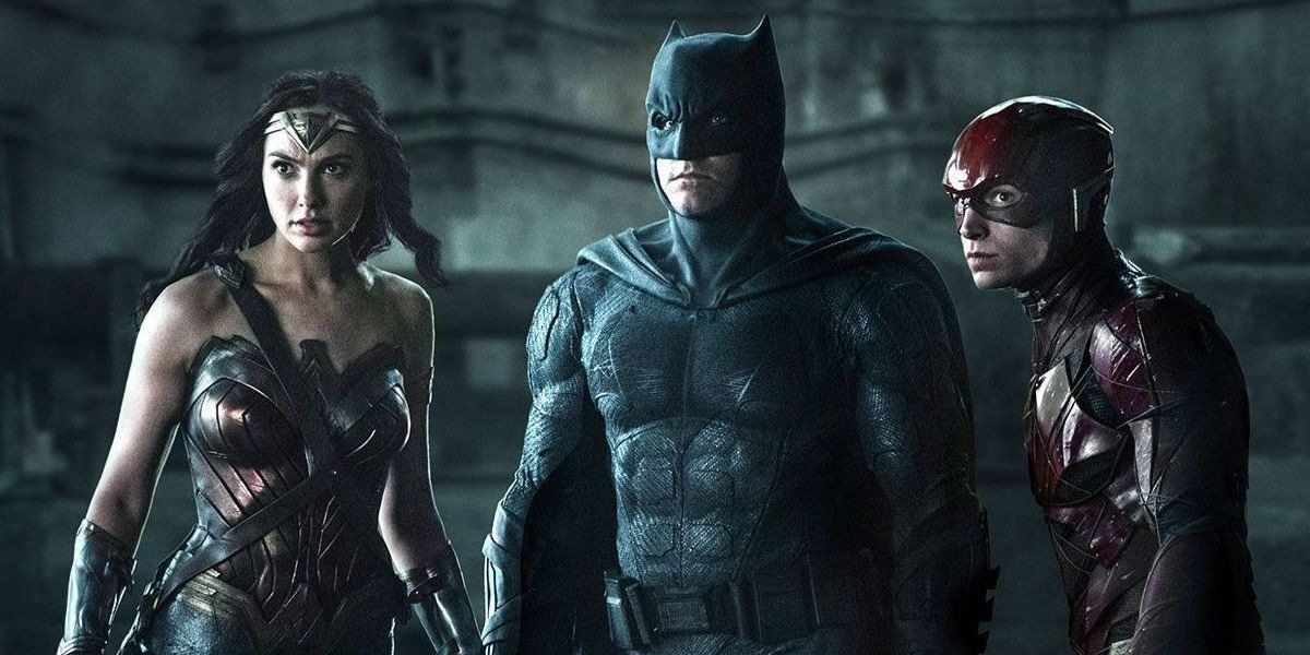 Wonder Woman (Gal Gadot), Batman (Ben Affleck) and Flash (Ezra Miller) stare on in Zack Snyder&#039;s Justice League (2021)