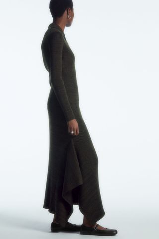 Asymmetric Ribbed Wool Midi Skirt