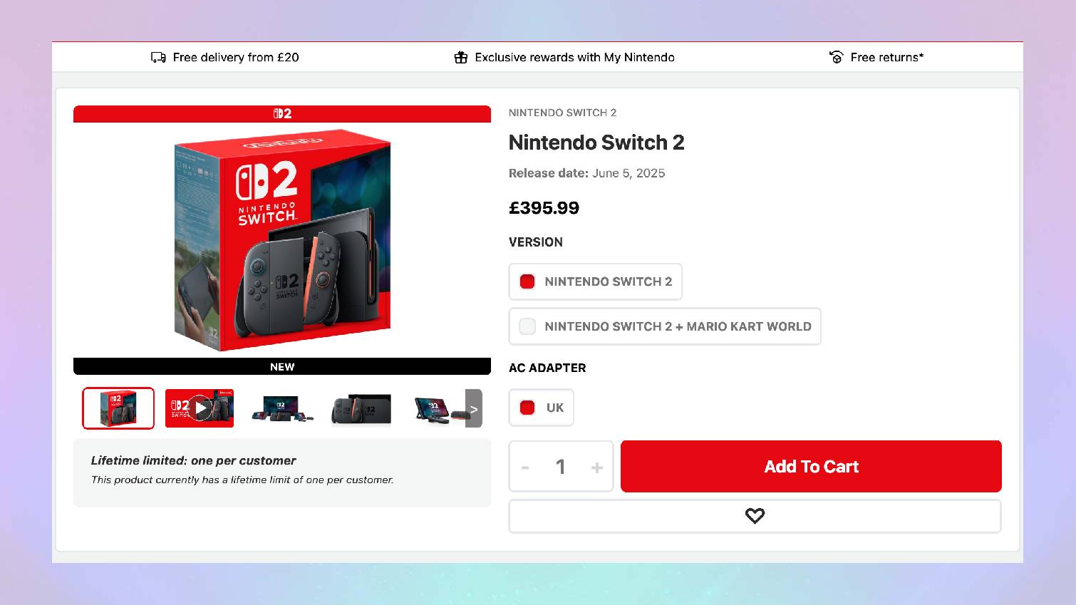 Screenshot of Switch 2 listing at My Nintendo Store