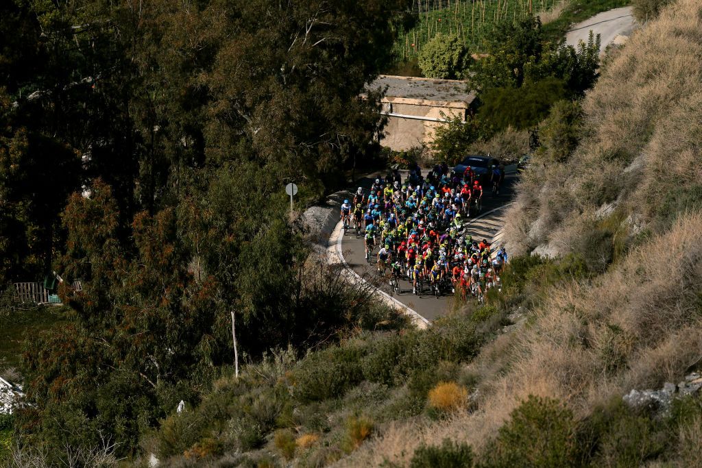 ROQUETAS DE MAR SPAIN FEBRUARY 16 Peloton Alto de Fuente Marbell 262m Mountains Landscape during the 33rd Clsica de Almera 2020 a 1876km stage from Roquetas de Mar to Roquetas de Mar ClasicaAlmeria on February 16 2020 in Roquetas de Mar Spain Photo by Gonzalo Arroyo MorenoGetty Images