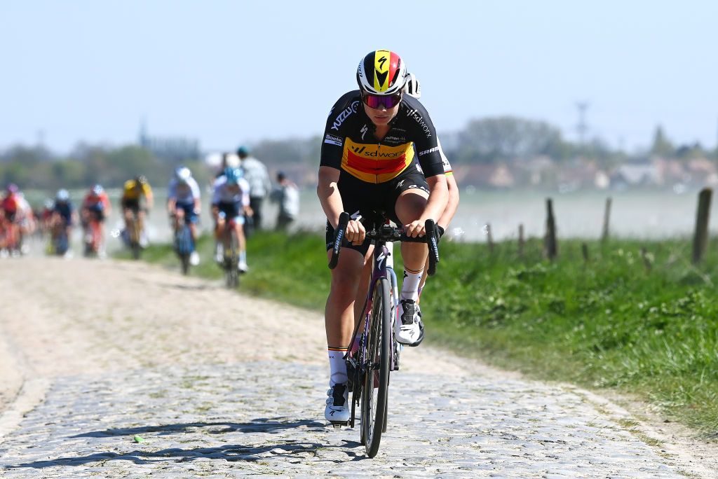 ROUBAIX FRANCE APRIL 16 Lotte Kopecky of Belgium and Team SD Worx competes during the 2nd ParisRoubaix 2022 Womens Elite a 1247km one day race from Denain to Roubaix ParisRoubaixFemmes ParisRoubaix on April 16 2022 in Roubaix France Photo by Tim de WaeleGetty Images