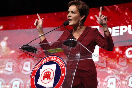 Arizona Republican gubernatorial nominee Kari Lake speaks to supporters during her election night event 