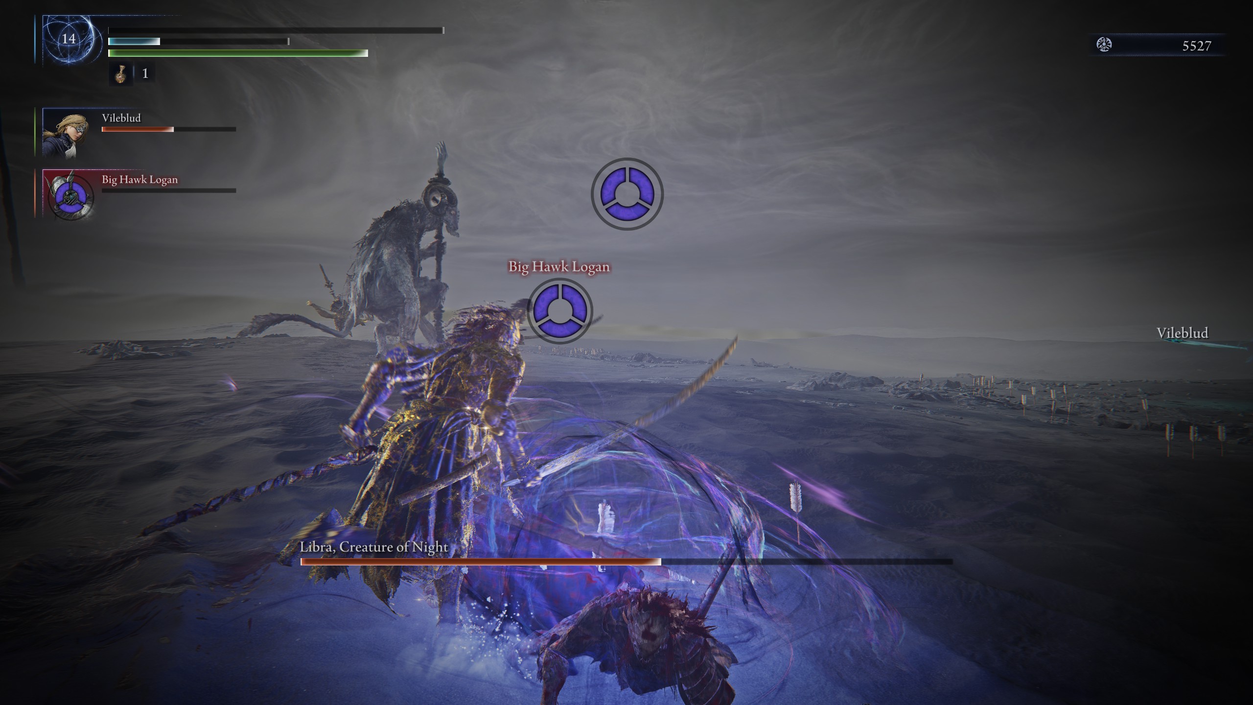Two downed players being examined by a summoned Executor