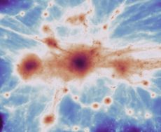 A simulation shows the glowing filaments of the cosmic web &mdash; a highway of hydrogen connecting galaxies across the universe. 