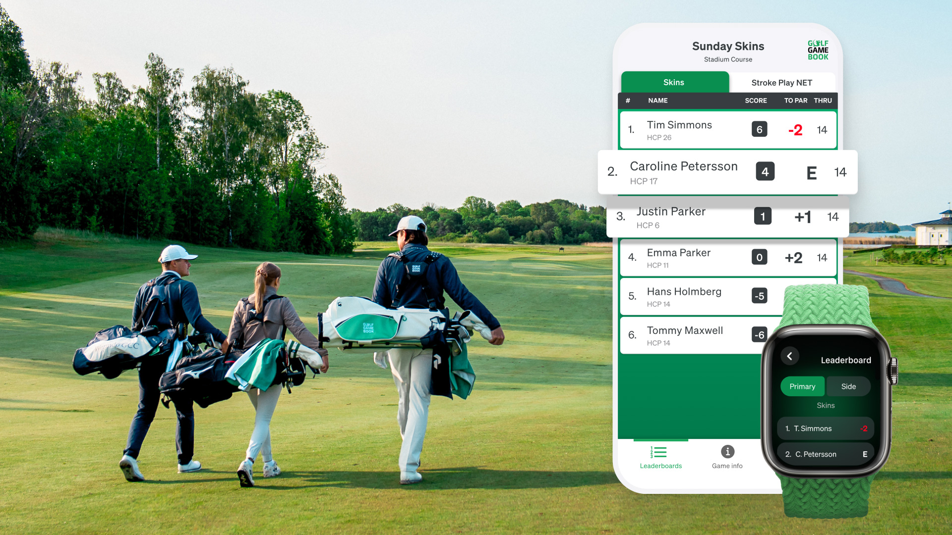 Three golfers walking down the fairway and a smartphone screen and watch overlayed showing Golf GameBook's scoring leaderboard