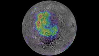 Thorium detected across the moon's South Pole-Aitken Basin reveals how mantle material was violently ejected during the impact that formed the basin. In this map of the moon's south pole, the abundance of thorium is represented by a color scale, with high-thorium areas shown in red, trending to purple and grey for lower abundances