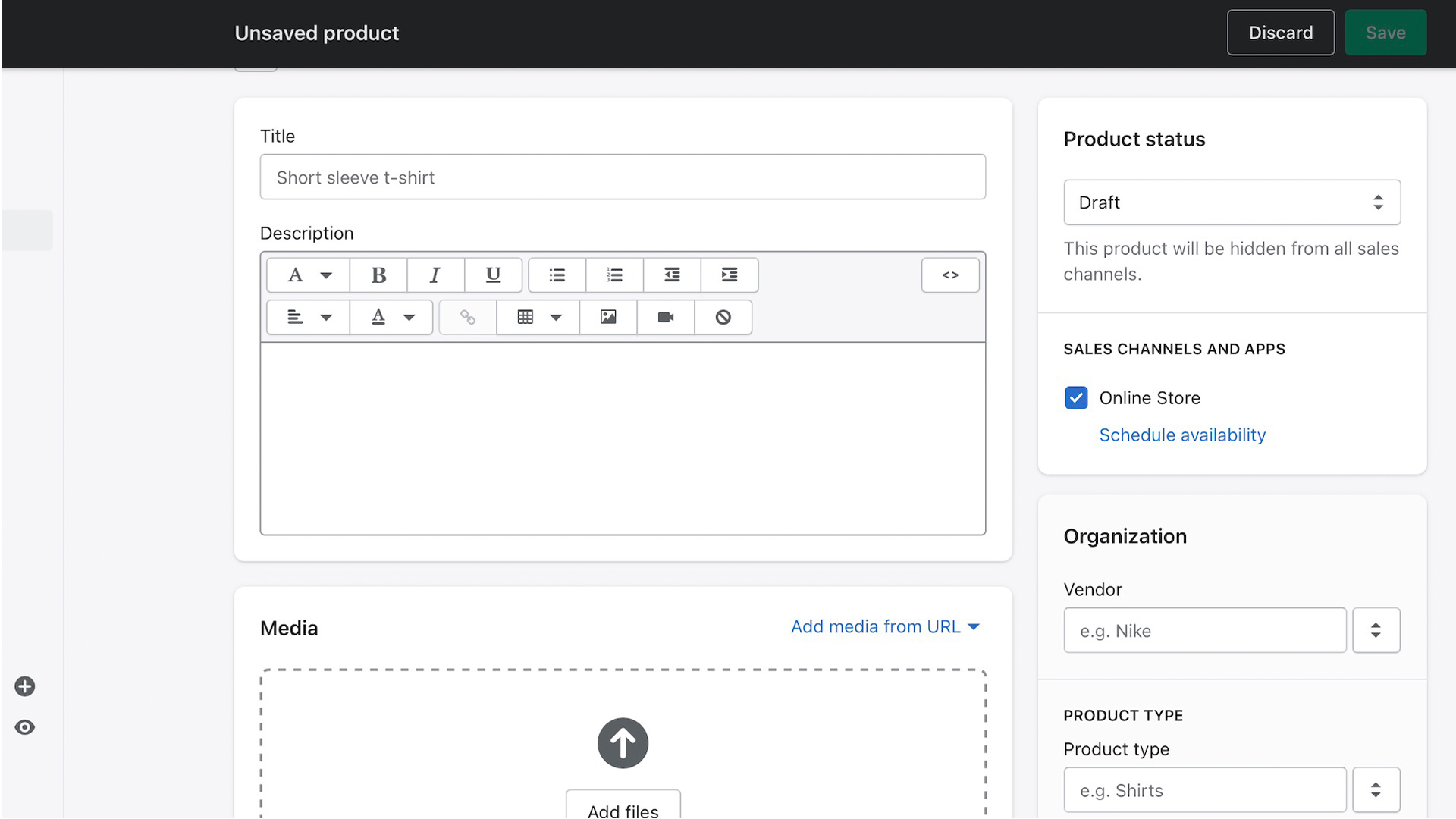 Экран добавления продукта Shopify в конструкторе веб-сайтов