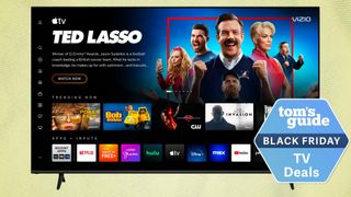 The 75-inch Vizio V-Series on a yellow background with a Black Friday deals tag 