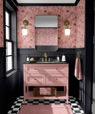 Pink and black bathroom scheme with quirky art deco inspired wallpaper design
