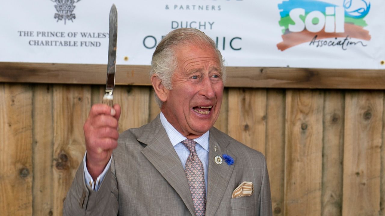 Prince Charles, Prince of Wales cuts a celebratory cake at the Innovative Farmers 10th anniversary at Trefranck Farm, Nr Launceston in Cornwall on the second day of his annual visit to the South West, on July 19, 2022 in Launceston, England. The Duke and Duchess of Cornwall are on a 3-day visit to the southwestern region to celebrate the Prince of Wales&#039; 70th year as the Duke of Cornwall. 