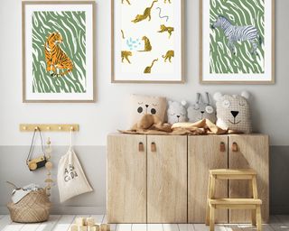 Animal Antics Prints with wooden storage cupboards and wooden pegs by Abstract House