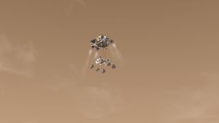 This artist's concept depicts the Curiosity rover as it is being lowered by a rocket-powered descent stage during a critical moment of the