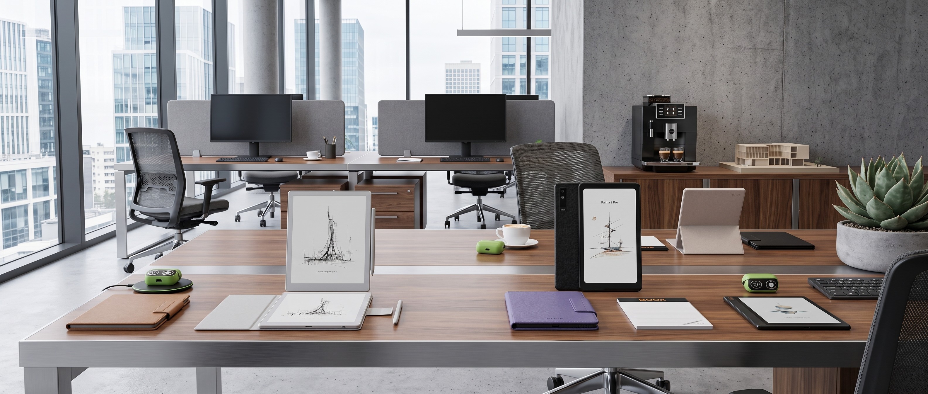 Boox tablets laid out on desks