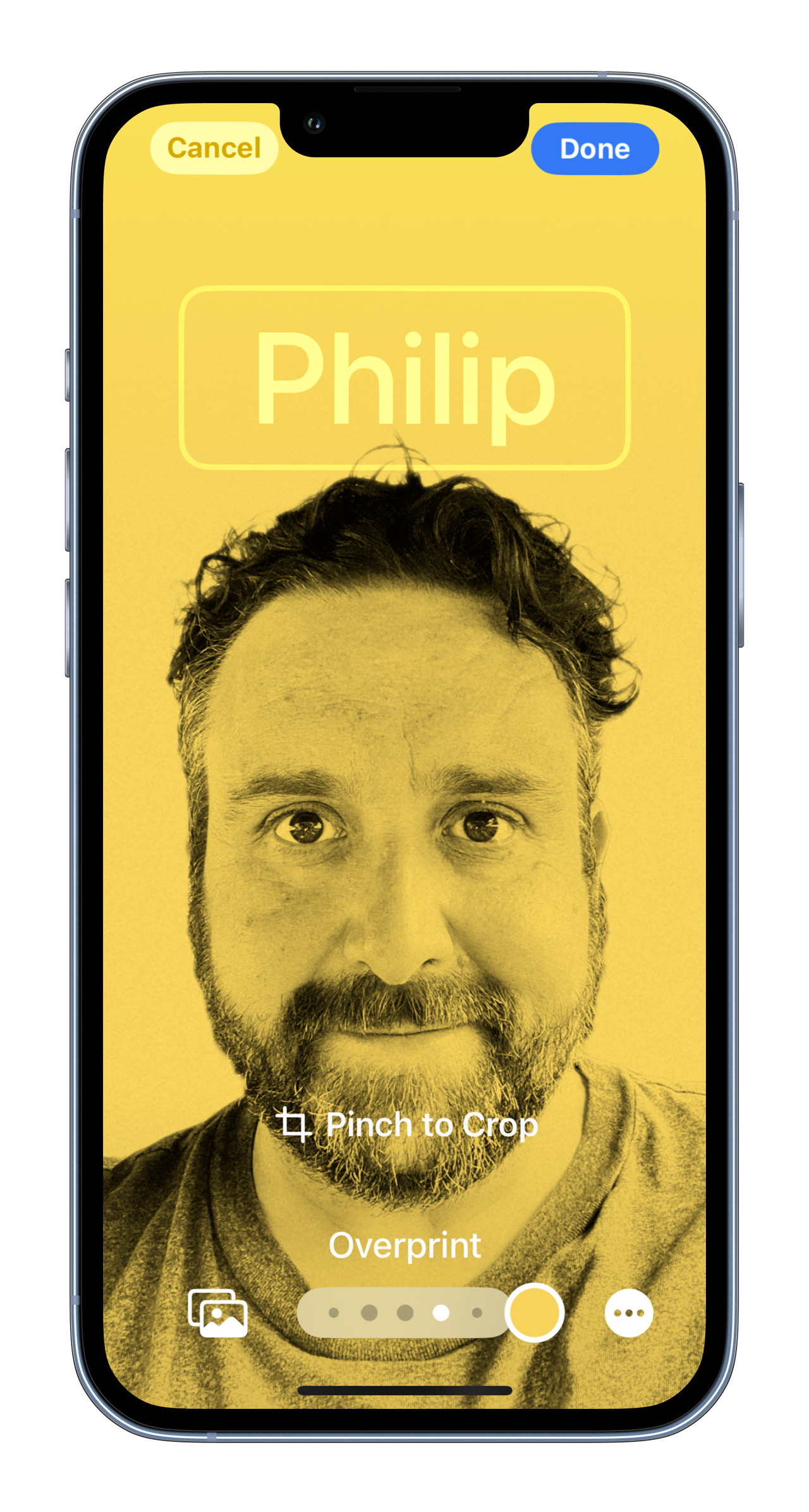 MockUPhone screenshots of the contact poster on iOS 17 showing my face with name and different color and filter options