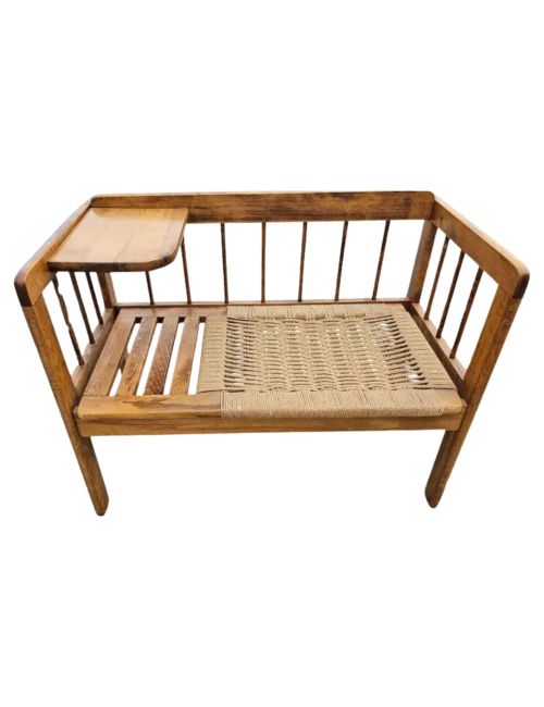 Mid Century Modern Telephone Bench with Danish Paper Cord Seat, Yugoslavia 1960s