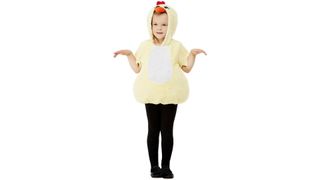 A child model wearing the yellow hooded baby chick costume with black leggings.