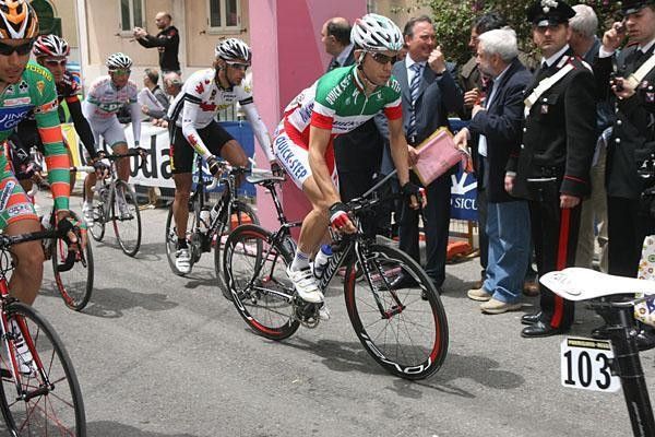 Italian champion Giovanni Visconti is always easy to spot at the start.